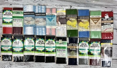 复古缝纫混合套装 20 件 Wrights & JP Coats 面下摆,偏置胶带,蕾丝 — 第 1/4 张图片