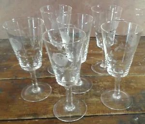 Set 6 Glasses Wine Crystal Clear Glass Stemware Etched Floral Design - Picture 1 of 7