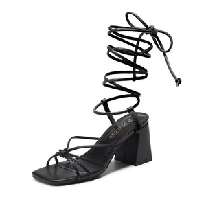 Women Heeled Sandals Strappy Lace Up Chunky Heel Square Toe Party Dress Sandals - Picture 1 of 19