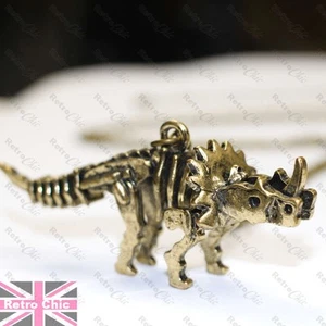 GROSSER TRICERATOPS Anhänger LANGE HALSKETTE Dinosaurierskelett GOTISCH Gold/Silber Ton - Bild 1 von 16