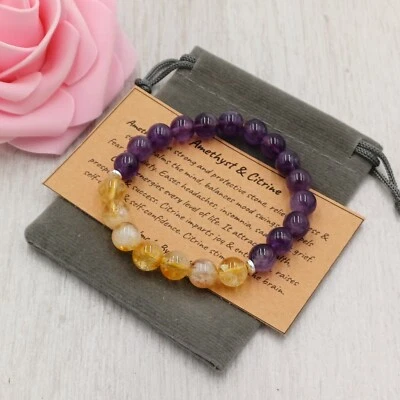 AMETHYST & CITRINE Bracelet Handmade Crystal Healing Gemstone Stretch 6/8mm. - Image 1 of 4