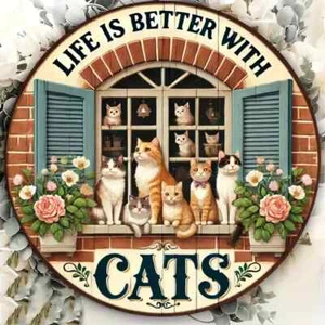 Life is Better With Cats Cute Animal Vintage Wooden Sign Plaque Home Decor Gift - Picture 1 of 3