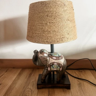 Elephant Table Lamp Stone Bohemian Boho Ceramic 18” Burlap Shade - Image 1 of 4