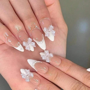 24Pcs/Set Short Square Fake Nails for Women Cute Bride Heart White French Tips F - Picture 1 of 32