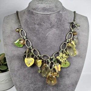 Chunky Charm Necklace Green Yellow Mixed Materials Hearts Butterfly Whimsy - Picture 1 of 24