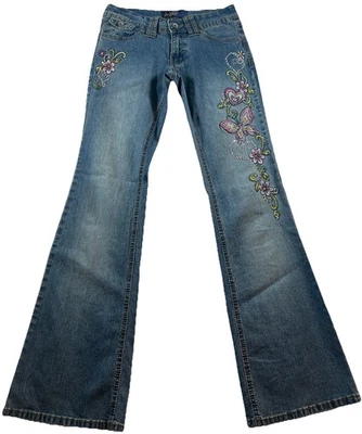 Angels Denim Jeans Y2K VTG Size 5 Flared Butterfly Embroidered Gems Gold - Image 1 of 4