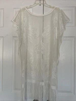 White Sheer Flutter Sleeve Swim Coverup W/ Delicate Floral Design And Fringe Hem - Image 1 of 4