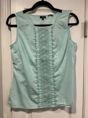 Talbots Talla 10P Azul Aqua Algodón Sin Mangas Top Dobladillo Dividido Encaje Detalle Frontal Foto 1 de 4