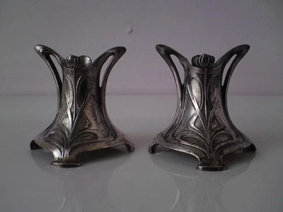 Pair German Jugendstil Art Nouveau WMF silver pewter miniature glass holder - Image 1 of 4