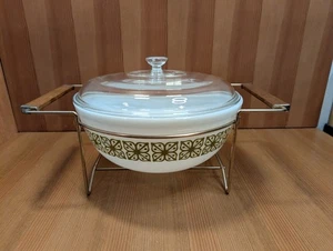 Vintage Pyrex 404 QUADRATISCHE BLUMEN VERDE Rührschüssel 4 Quart mit Ständer Träger & Deckel - Bild 1 von 11