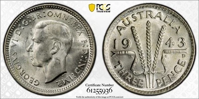 Australia 1943-D 3D Three Pence PCGS MS64 Silver Coin Uncirculated Denver KM-37 - Image 1 of 3