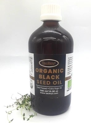 Aceite de semilla negra orgánico TacBeyt aceite virgen medicinal prensado en frío 500 ml/16 oz Foto 1 de 4
