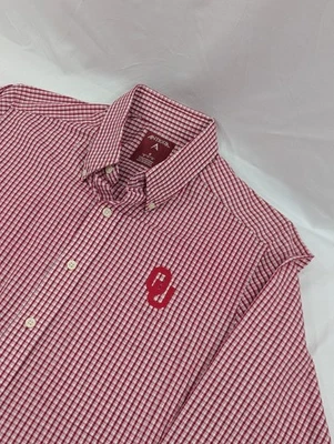 Antigua OU Oklahoma Sooners Branco Vermelho Xadrez Manga Longa Botão para Baixo Médio - Imagem 1 de 4