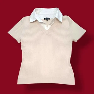 By Design Preppy Y2k Shortsleeve Knit Sweater Blouse White Collar Inlay - M - Bild 1 von 7