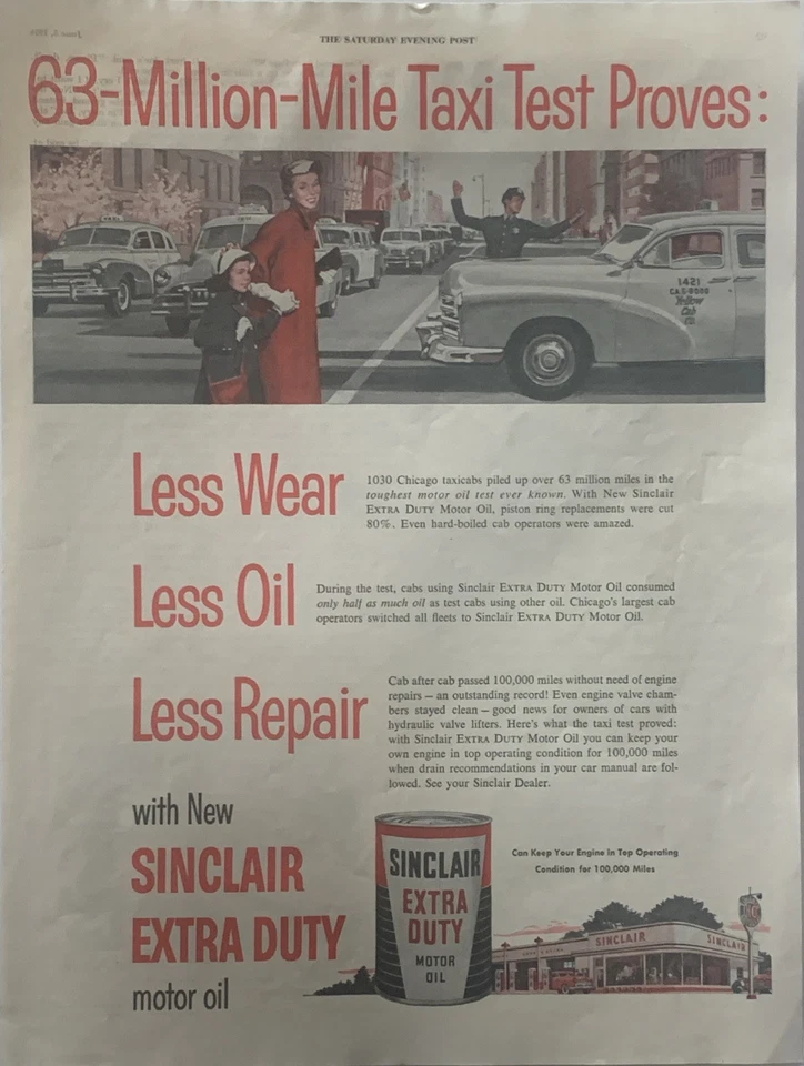 1954 Sinclair Motor Oil PRINT AD Taxi Test Yellow Cab Co Drivers Chicago VTG 50s - Image 1 of 4