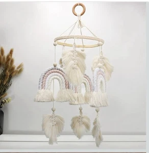 Jilpak Boho Hanging Rainbow Mobile with Macrame Feathers And Wood Accents - Picture 1 of 9