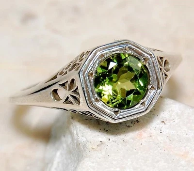 Anillo de plata esterlina 925 de peridoto natural de 1 quilate aspecto eduardiano joyería talla 8 F6-2 Foto 1 de 3