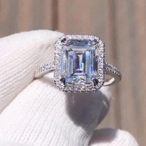 4.89 TCW Emerald Cut Moissanite Halo Engagement Ring In 14K Solid White Gold - Picture 1 of 7