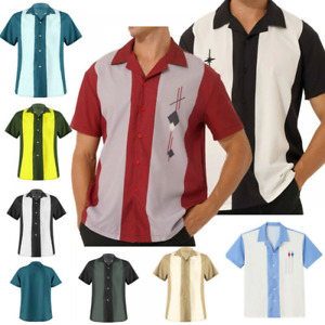 Men Bowling Shirt Retro Short Sleeve Camp Button-Down Vintage Summer Loose Shirt