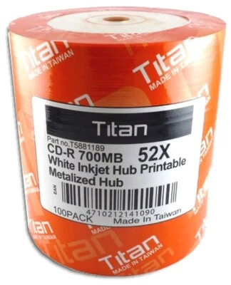 100-Pak TITAN White Inkjet Hub Printable 52X 80-Min CD-R's - Image 1 of 2