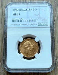 Suecia 1899 EB Oro 20 Coronas NGC MS65 Oscar II - Imagen 1 de 2