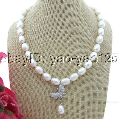 S101909 18.5" 10x13mm Arroz Blanco Perla Agua Dulce Collar Mariposa Circonita Foto 1 de 4