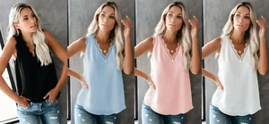 Women Eyelash Blouse Shirt Lace V Neck Summer Tops Sleeveless Loose Tank Tops - Picture 1 of 6