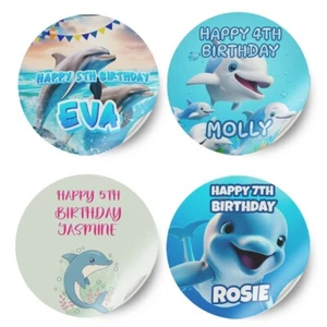 Personalised Dolphin Design Any Name Birthday Stickers Party Decoration Label 5 - Picture 1 of 11