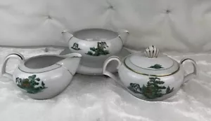 Narumi China Tea Set, Tea Pot, Sugar, Creamer "Oriental Green" Design - Picture 1 of 19