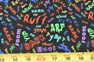 15" Long, Bright Colorful Dog Sounds on Black Quilt Cotton, RJR/Sue Marsh,P6844 - Image 1 of 4