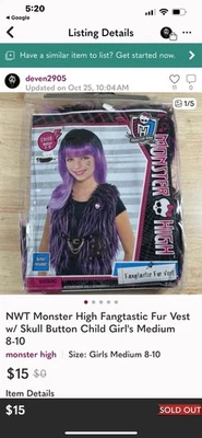 Monster High Fangtastic Fur Vest w/Skirt Bottoms Pink Black Child Medium 8-10 - Image 1 of 4