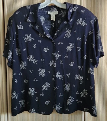 Rena Rowan for Saville Woman's Blouse Size 16 Navy Blue Classic Floral Button-Up - Image 1 of 4