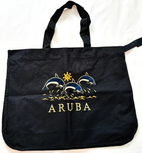Aruba Embroidered Black Canvas Zippered Tote Bag Large 16 x 21 x 5 Caribbean Sea - Picture 1 of 8