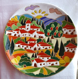 Hand Painted 9 3/4" Ceramic Plate Decor - Italian village scene - Signed Martini - Picture 1 of 4