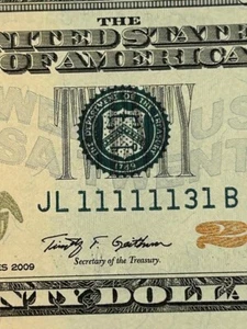 2009 $20 FRN Gem CU near Solid Same Serial Number seven 1's note 4 of 4 - Picture 1 of 3