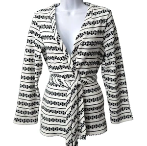 Vintage Knit Belted Cardigan Sweater M L 18 Wrap White Black Montgomery Ward 70s - Picture 1 of 9