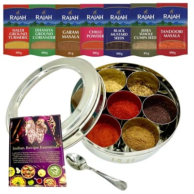 Masala Dabba Spice Tin 18.5cm – 7 Pots + Rajah Spices & Recipe Book Gift Set - Image 1 of 4