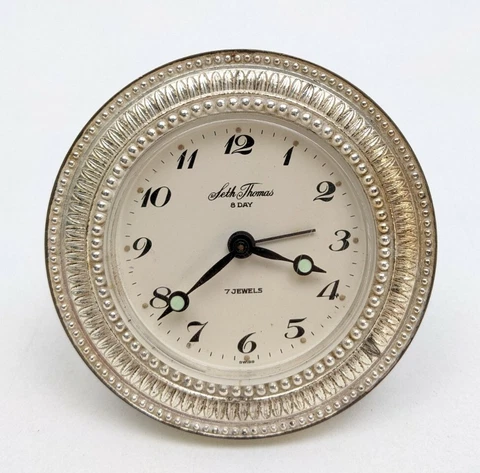 Vintage Seth Thomas 8 Day 7 Jewels Small Round Alarm Clock Swiss Tabletop Travel Cover