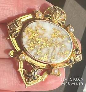 14k Yellow Gold Alaskan Gold in Quartz Pendant w Pearls. Art Deco 1.5" + 13g