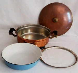 4 Piece Antique Manning Bowman Lidded Copper Serving Dish Casserole Insert 9" - Bild 1 von 23