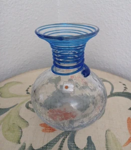 Vintage Blenko Glass #8318 Crystal Crackle Glass Vase with Blue Rings - Picture 1 of 12