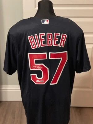 Shane Bieber Signed Cleveland Indians Blue Baseball Jersey JSA COA Guardians  - Image 1 of 4