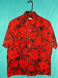 Exc! Vtg 60s SEARS HAWAIIAN SHIRT, TOP LOOP, COTTON, RED, BLACK,SHINY GOLD, Sz M - Picture 1 of 9