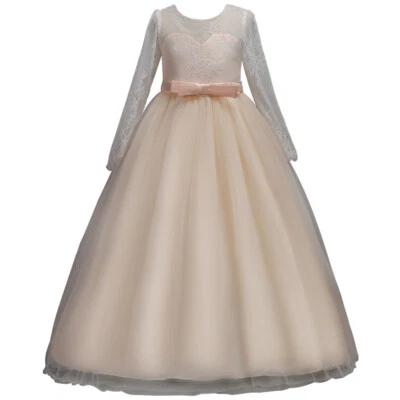 Vestido largo de boda con flores para niñas Dama de honor Formal Concurso Niños Vestido con mangas de encaje Foto 1 de 4