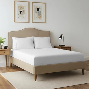 100% Cotton White Fitted Sheet + 2 Pillowcases Set 400TC Queen Sateen Weave 1... - Picture 1 of 6