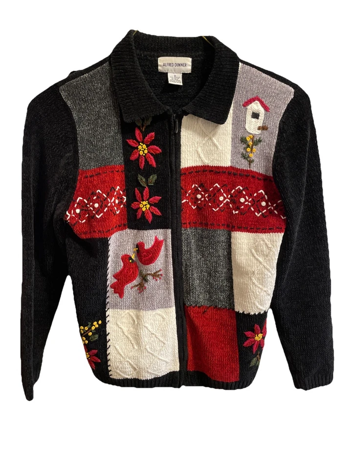 Suéter Navidad Cremallera Completa Cardenales y Flores de Pascua Alfred Dunner De Colección Talla S Foto 1 de 4