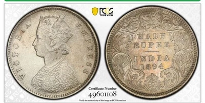 British India. Victoria 1/2 Rupee 1894 C PCGS AU55, Calcutta mint, KM491. - Image 1 of 4