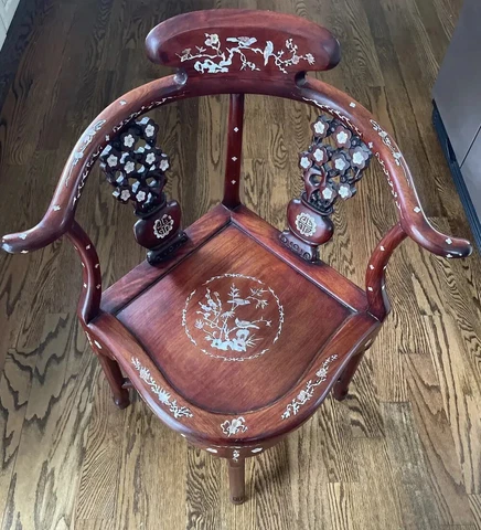 Antique Chinese Rosewood Arm Chair Mother of Pearl inlay Birds Porcelain Pots Cover