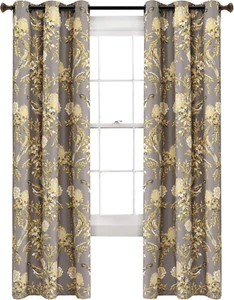 , Gray and Yellow Farmhouse Bird and Flower Insulated Grommet Blackout Window Cu - Picture 1 of 4