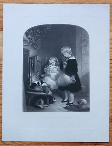 Grabado "Niños con conejos" 8,5 x 11" E. Landseer y J. Sartain - Imagen 1 de 1